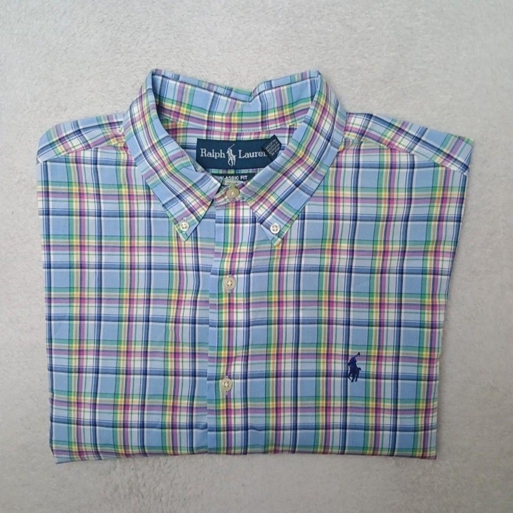 Ralph Lauren Shirt Mens L Blue Madras Plaid Button-Up Classic Fit Long Sleeve